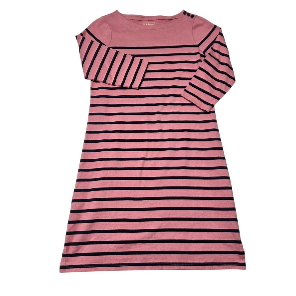 L.L. Bean T-Shirt Dress Women S Pink Navy Striped 3/4 Sleeve Cotton Knit Casual